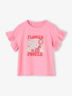 Tee-shirt "Flower Power" Fille Manches à Volants - Rose Bonbon