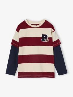 Tee-shirt Rayé Effet Double Manches - Rayé Rouge