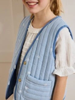 Cyrillus Veste Matelassée Sans Manches Fille Vichy Brodé - Carreaux Bleu -Vertbaudet Soldes Boutique veste matelassee sans manches fille vichy brode 2